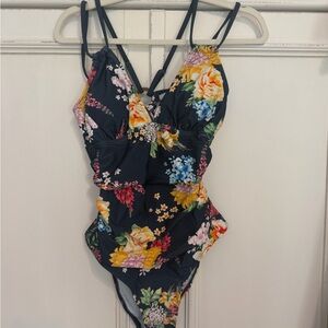 Cupshe Navy Floral One-Piece with Yellow, Pink & Blue Blooms